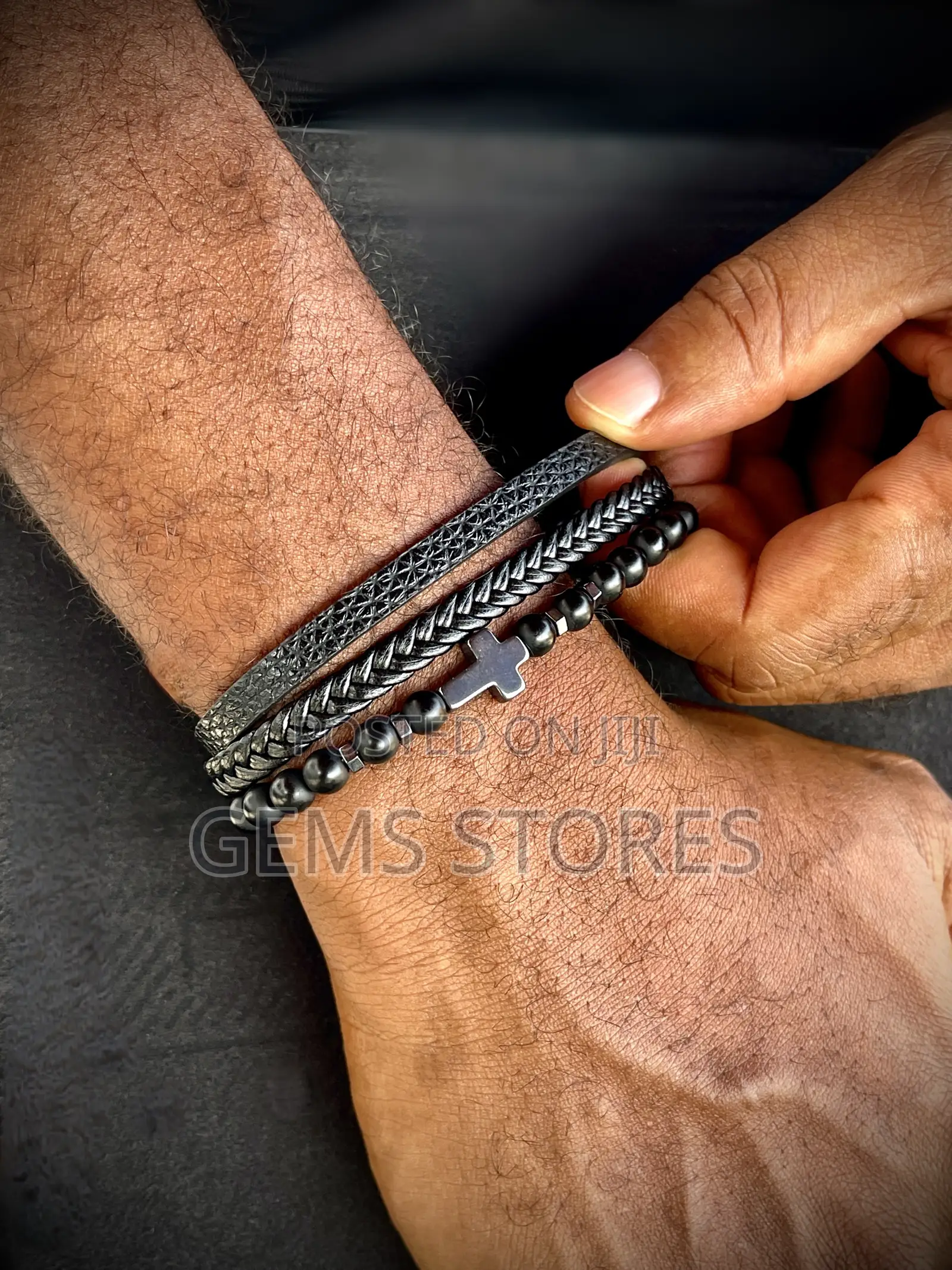 Bold Black Multi-Layered Bracelet - Leather, Beaded Cross Design