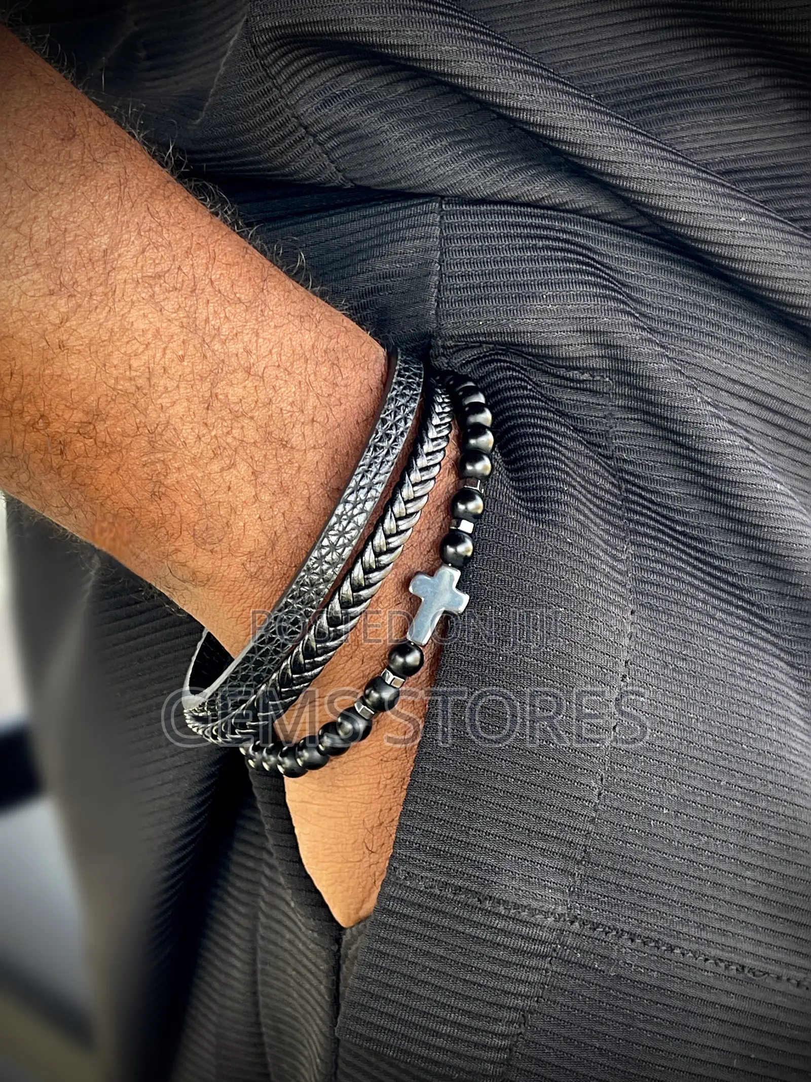 Bold Black Multi-Layered Bracelet - Leather, Beaded Cross Design