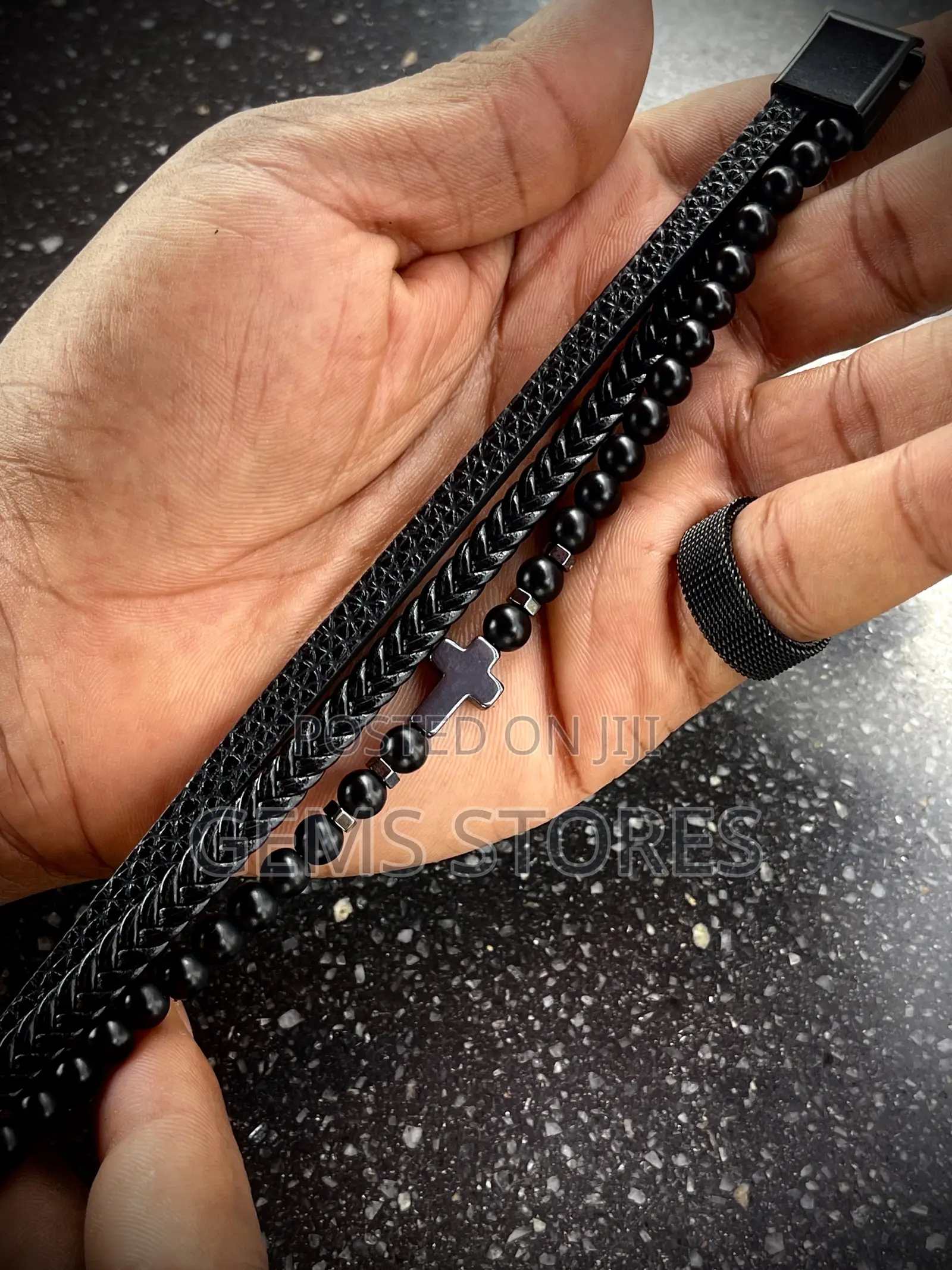 Bold Black Multi-Layered Bracelet - Leather, Beaded Cross Design