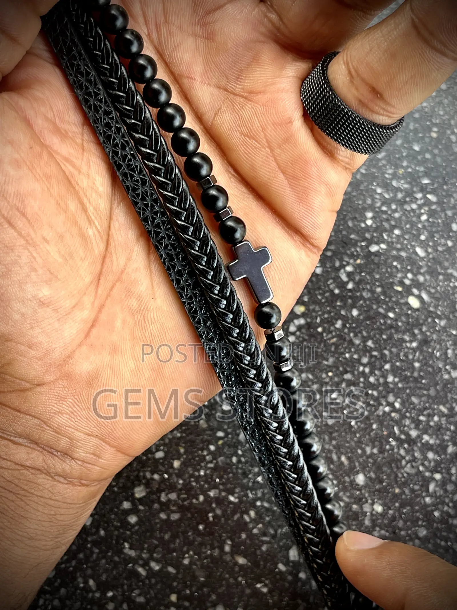 Bold Black Multi-Layered Bracelet - Leather, Beaded Cross Design