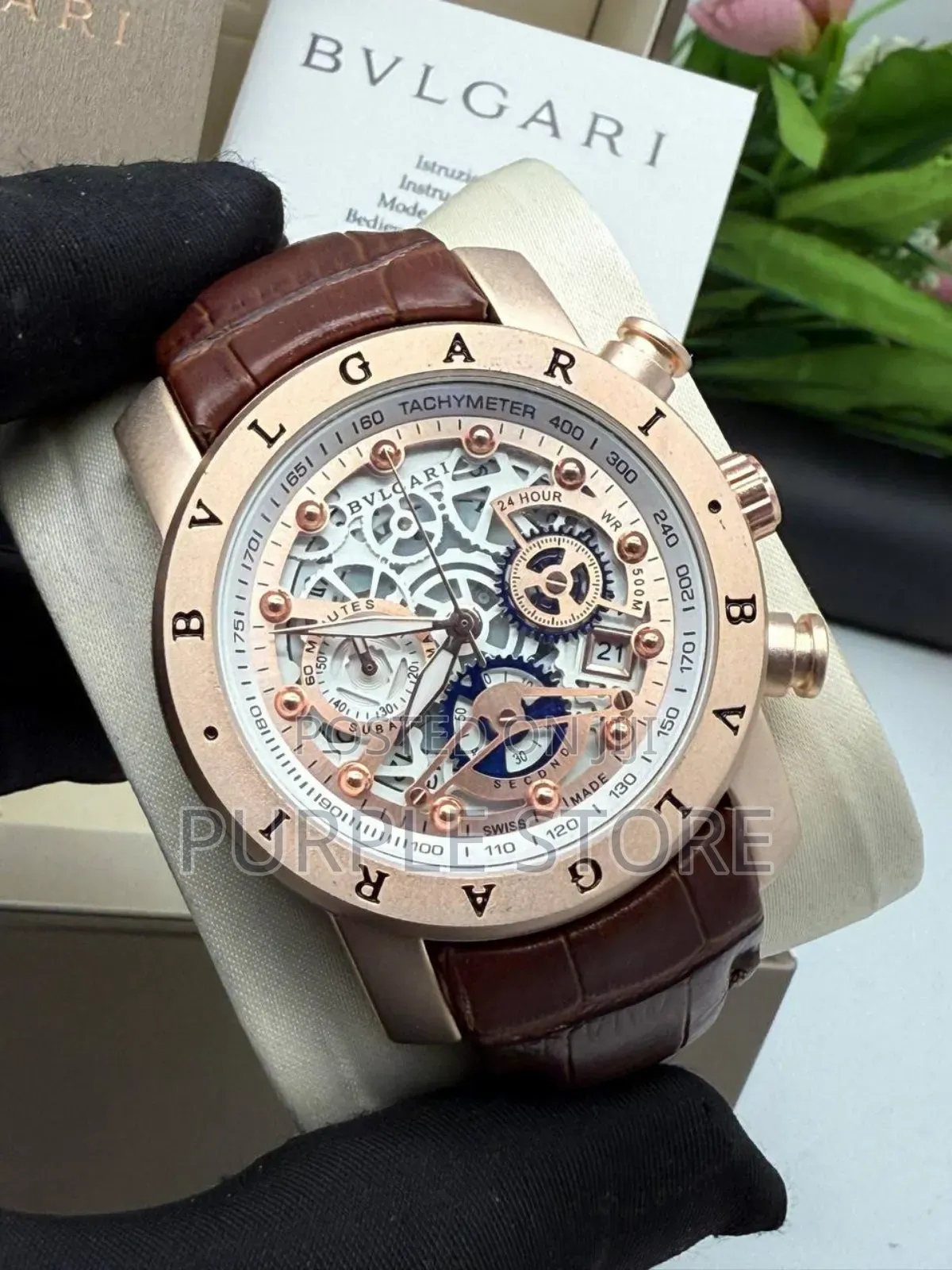 Bvlgari Chronograph Brown Leather Wristwatches