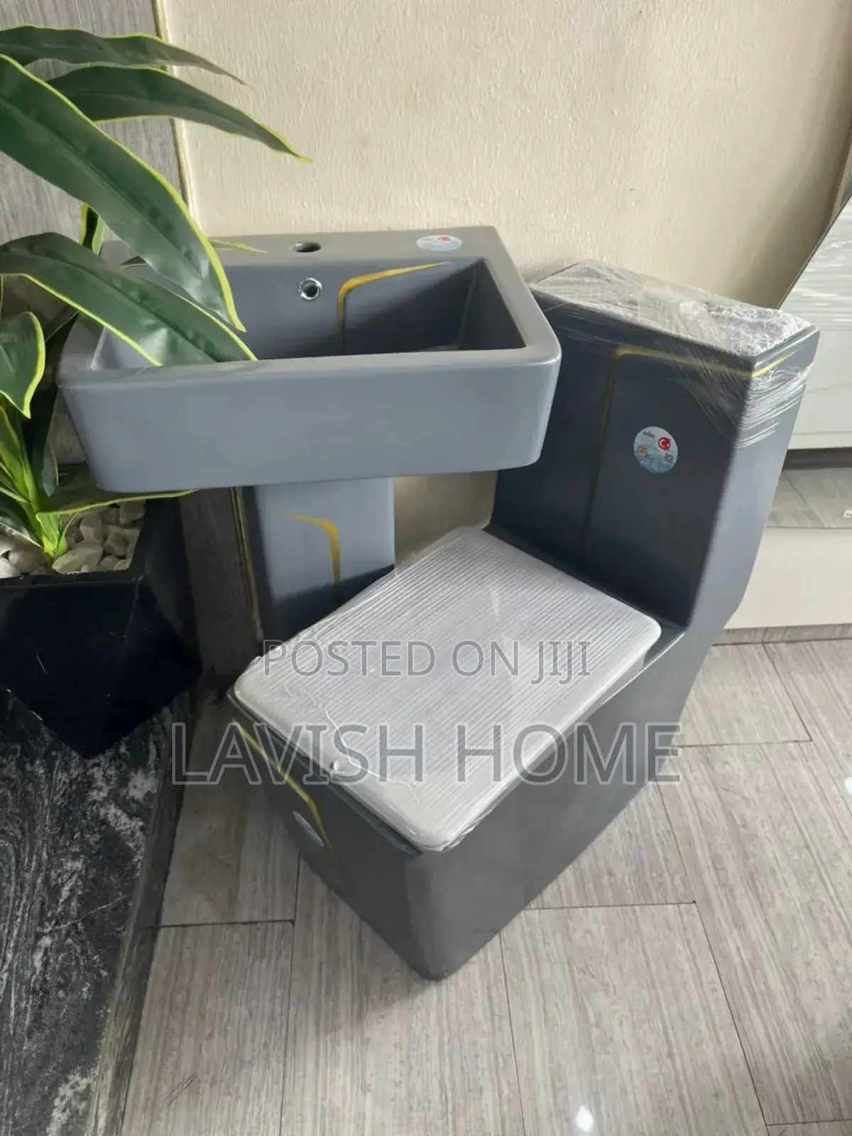 Gray England Toilet Seat With Basin and Pedestal