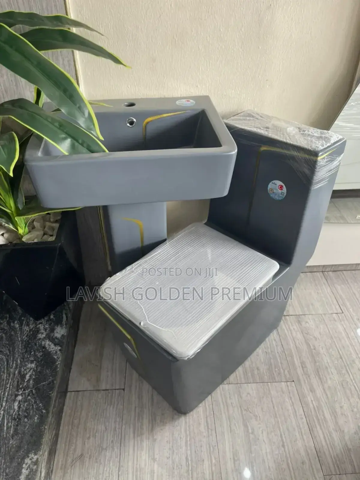 Gray England Toilet Seat With Basin and Pedestal