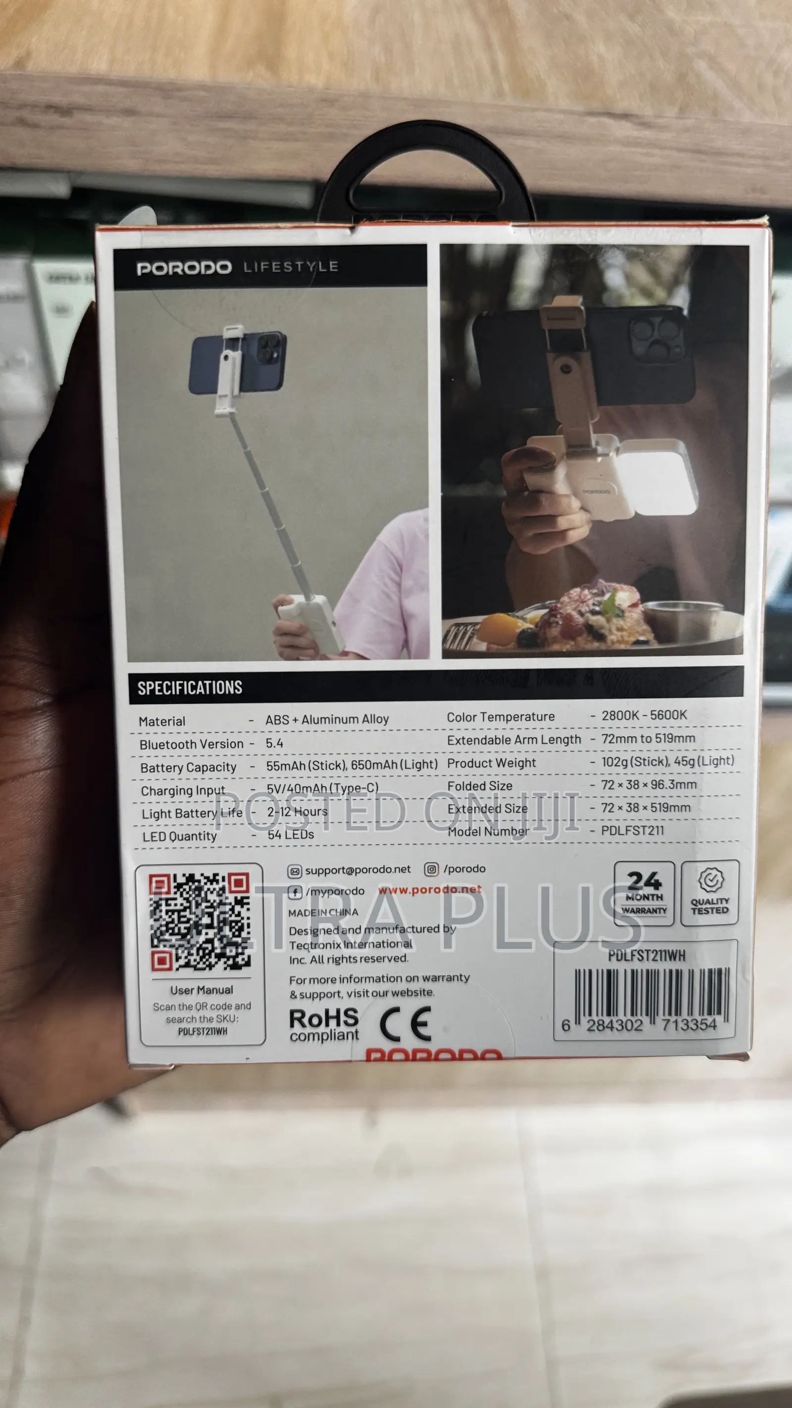 Porodo 3‐In‐1 Selfie Stick With Light,Shutter And Phone Stand All In 1