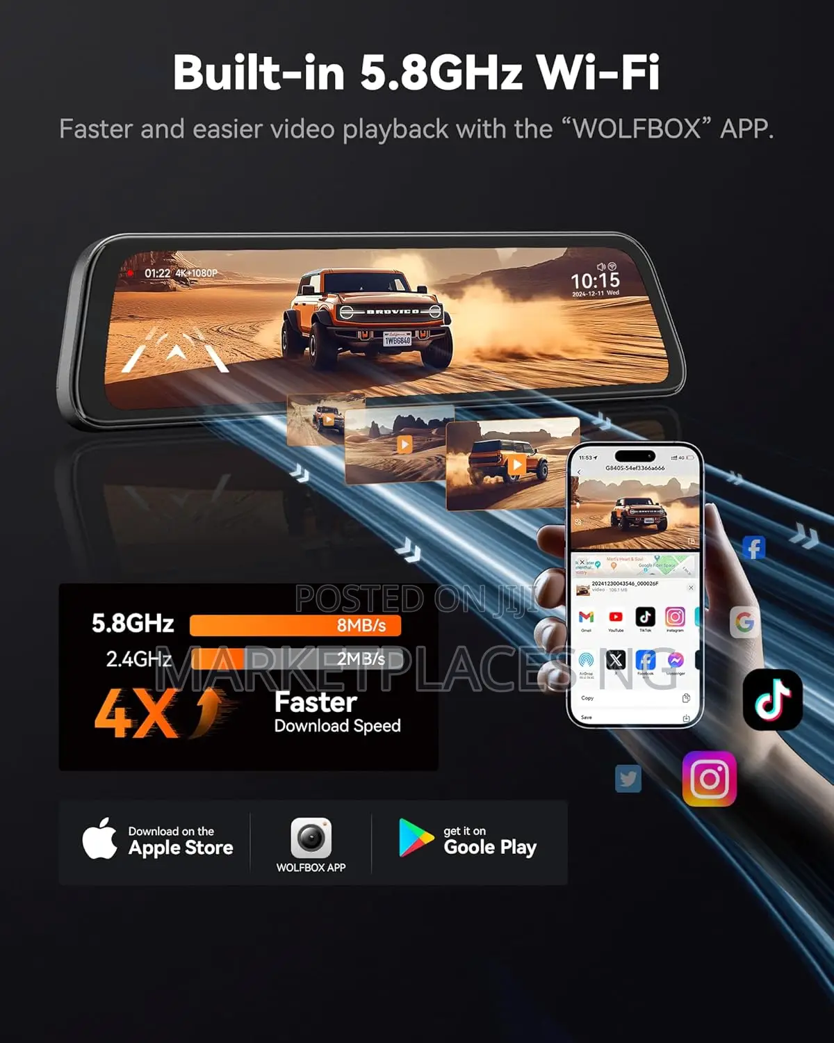 Wolfbox G840s Mirror Dash Cam With GPS Night Vision