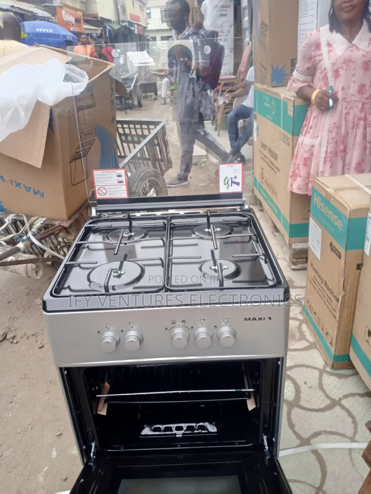 Maxi 60 by 60cm 4 Burner Gas Cooker, Silver Color, 1 Year Warranty