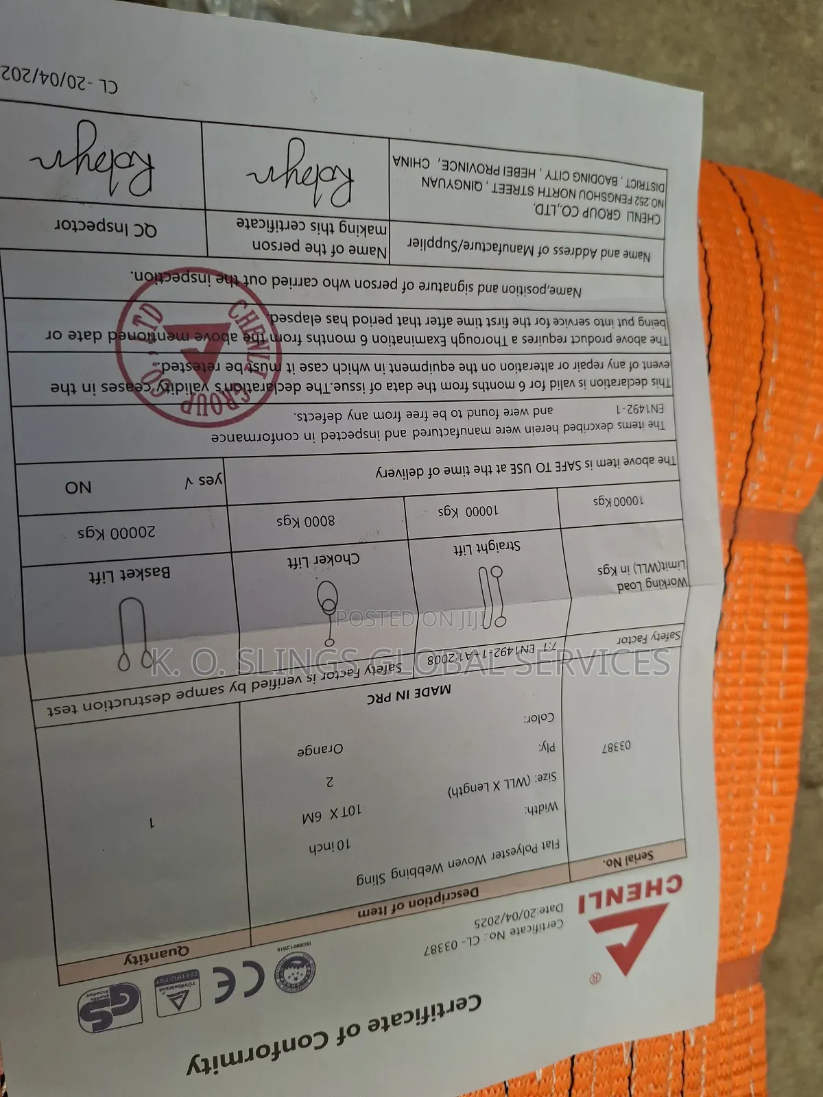 10tx6m Flat Polyester Webbing Sling (7:1)