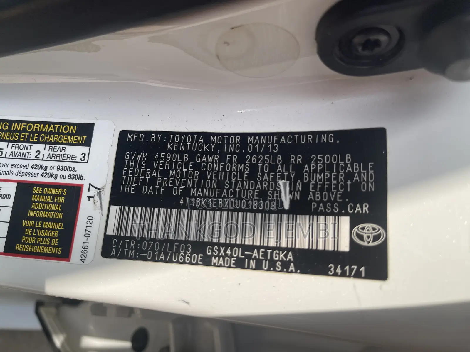 Toyota Avalon XLE Premium Sedan FWD (3.5L 6cyl 6A) 2013 White