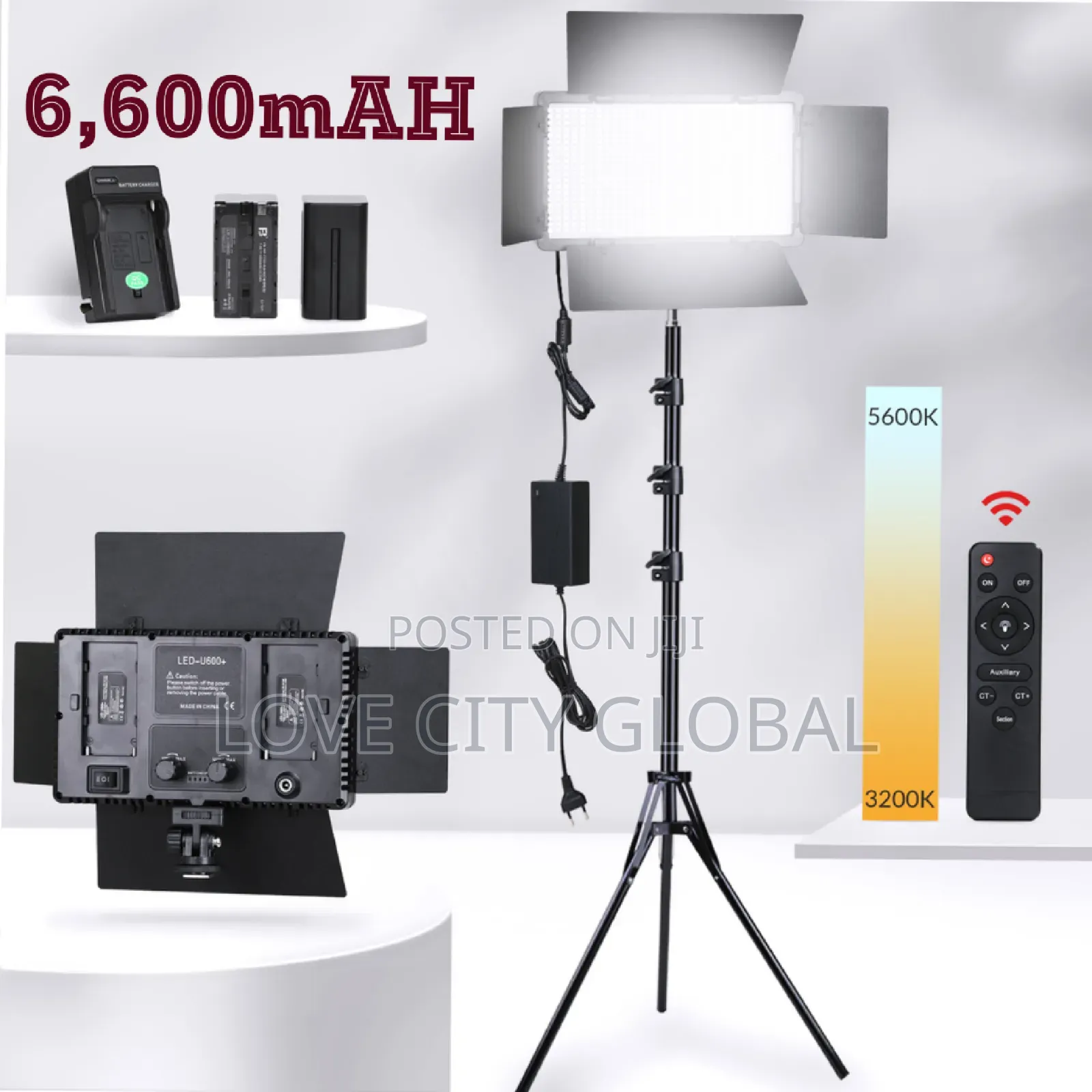 Pro Led800 + 2 Big Batteries (6,600mah) + Cable + 2.1m Stand + Remote.