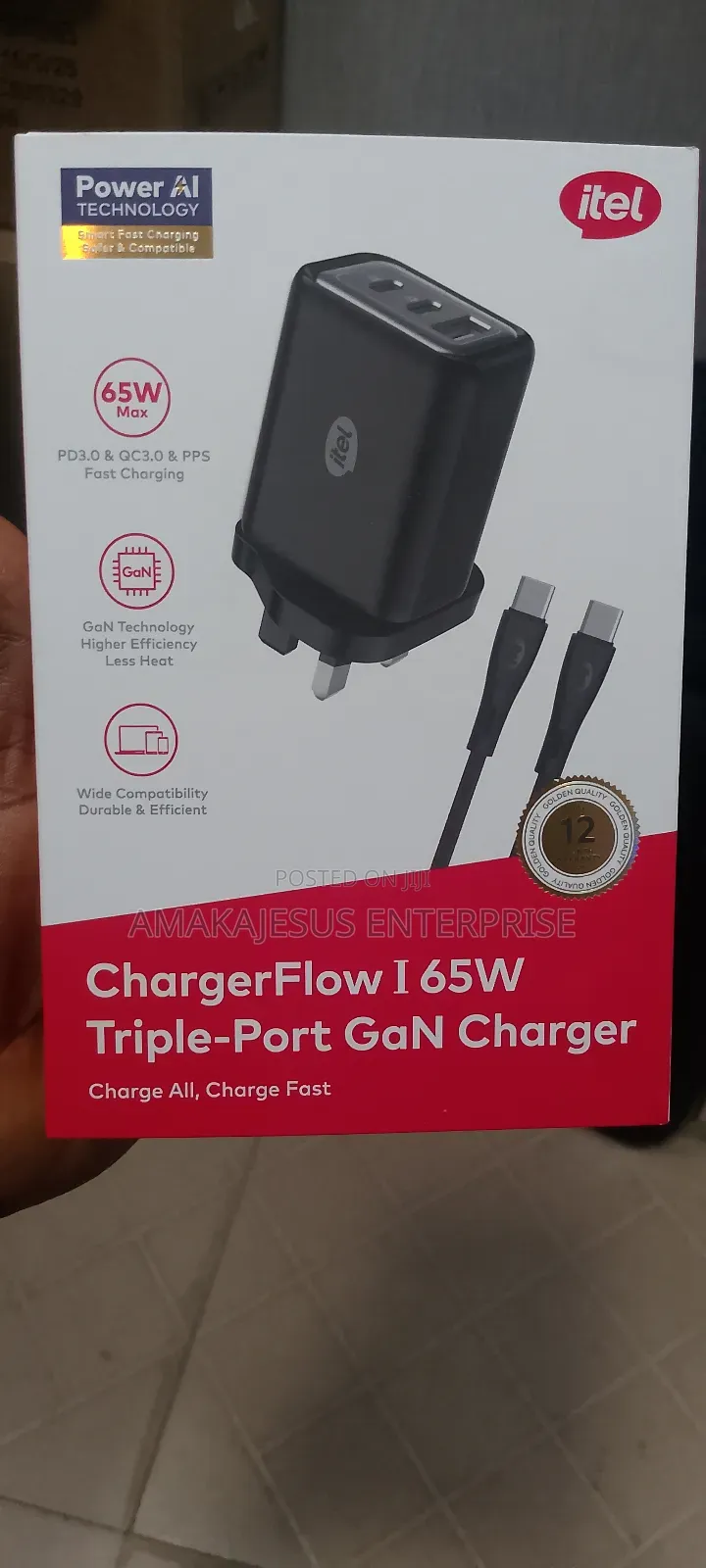 Itel Chargerflow I 65w Gan Charger Triple Port With 3a Type-C Cable