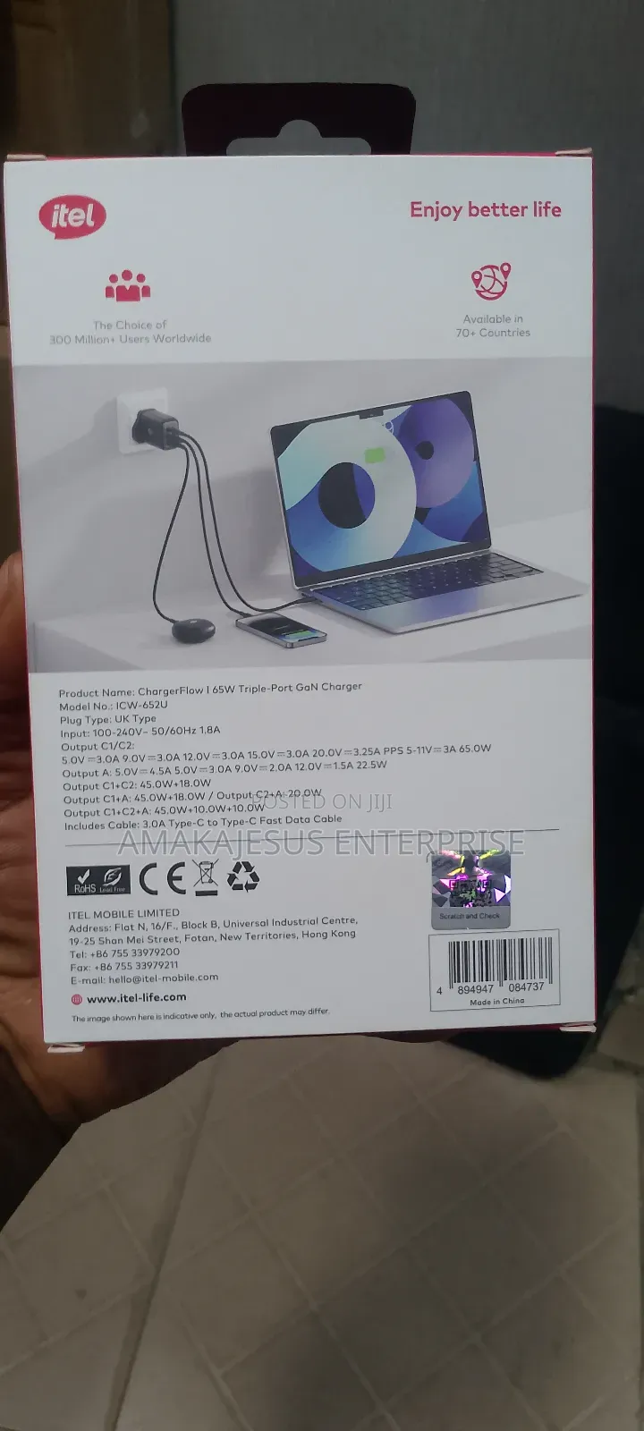 Itel Chargerflow I 65w Gan Charger Triple Port With 3a Type-C Cable