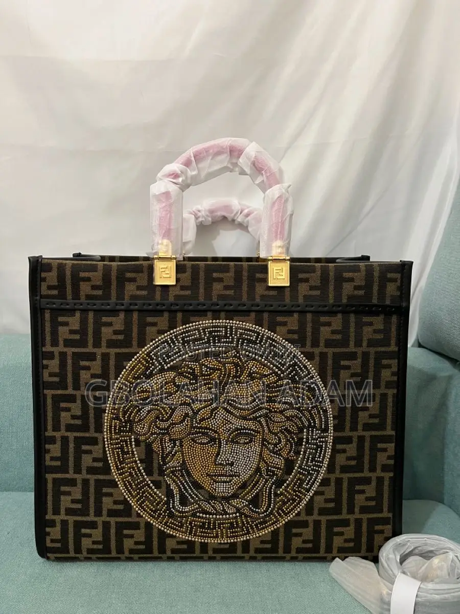 Fendace Fendi X Versace Zucca Ff Medusa Studded Sunshine Large Tote Ba