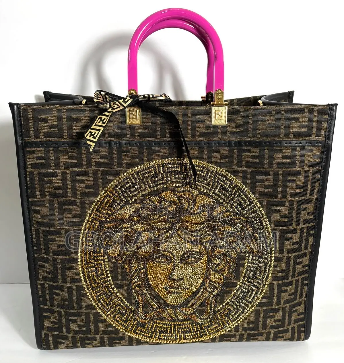 Fendace Fendi X Versace Zucca Ff Medusa Studded Sunshine Large Tote Ba