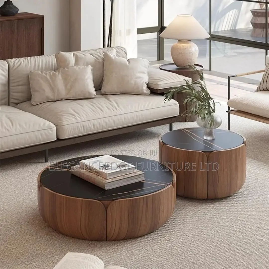 Modern Round Wooden Coffee Table Set – Minimalist Black Top Furniture