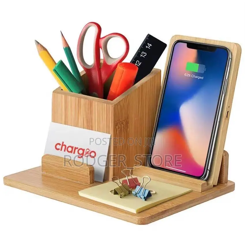Wooden Desk Organizer With Wireless Charger Stand Dock