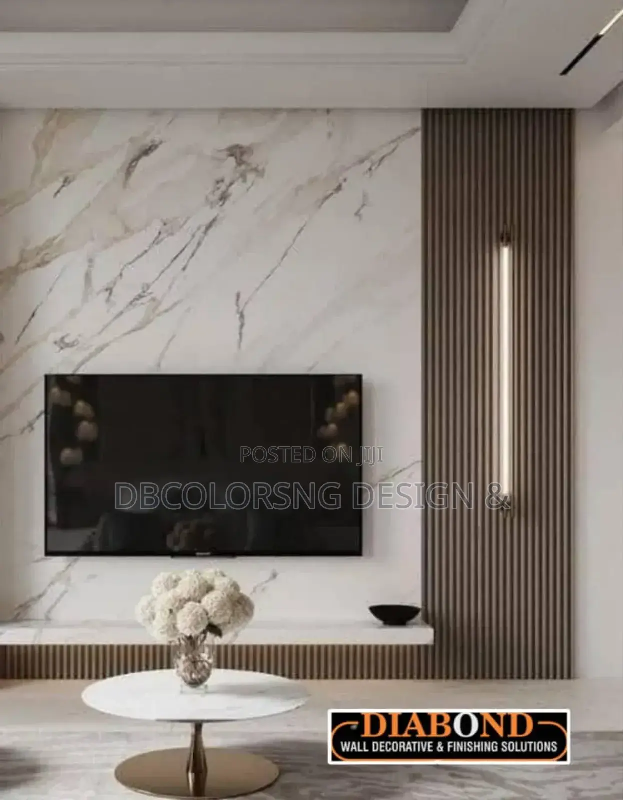 Luxury Media Wall Accent Finish- Pu Stone, Fluted Panel HDF Lagos