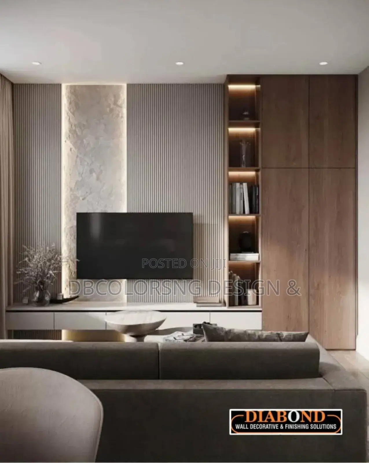 Luxury Media Wall Accent Finish- Pu Stone, Fluted Panel HDF Lagos