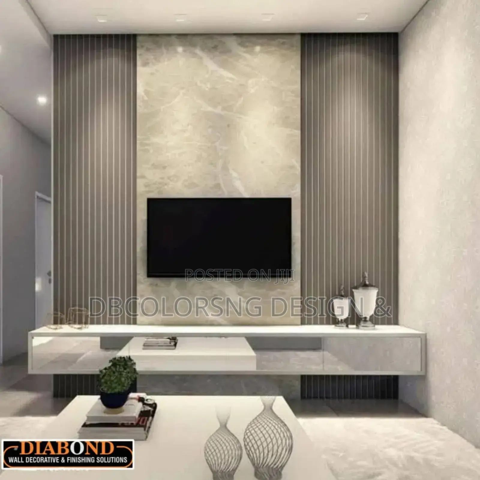 Luxury Media Wall Accent Finish- Pu Stone, Fluted Panel HDF Lagos