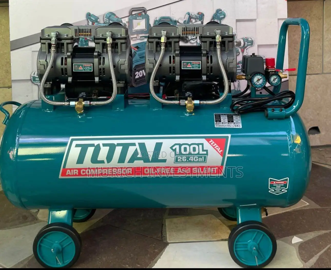 Total Oil-Free Air Compressor 100l | 3.25hp (2×1200w) 8 Bar 3400 RPM