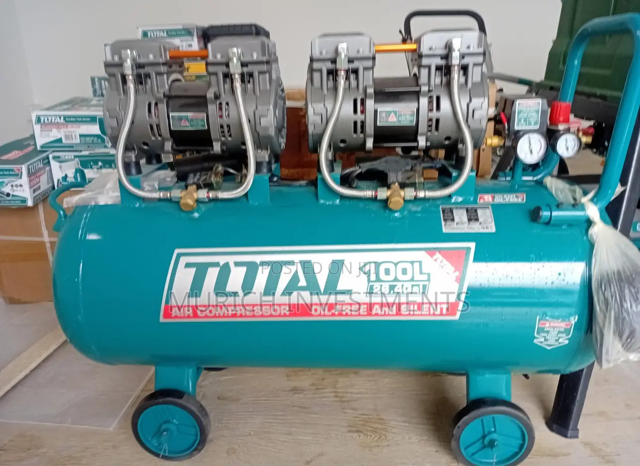 Total Oil-Free Air Compressor 100l | 3.25hp (2×1200w) 8 Bar 3400 RPM