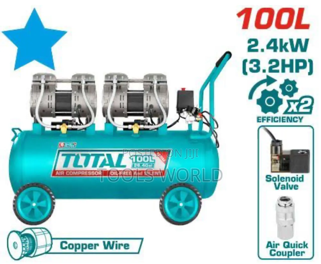 Total Oil-Free Industrial Air Compressor – 100l / 3.25hp (2×1200w)
