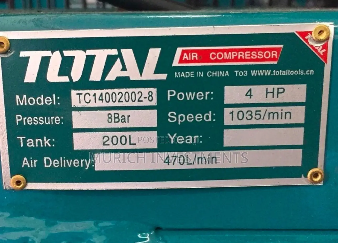 200l Industria Air Compressor 4hp 3kw Belt-Driven Durable Copper Motor