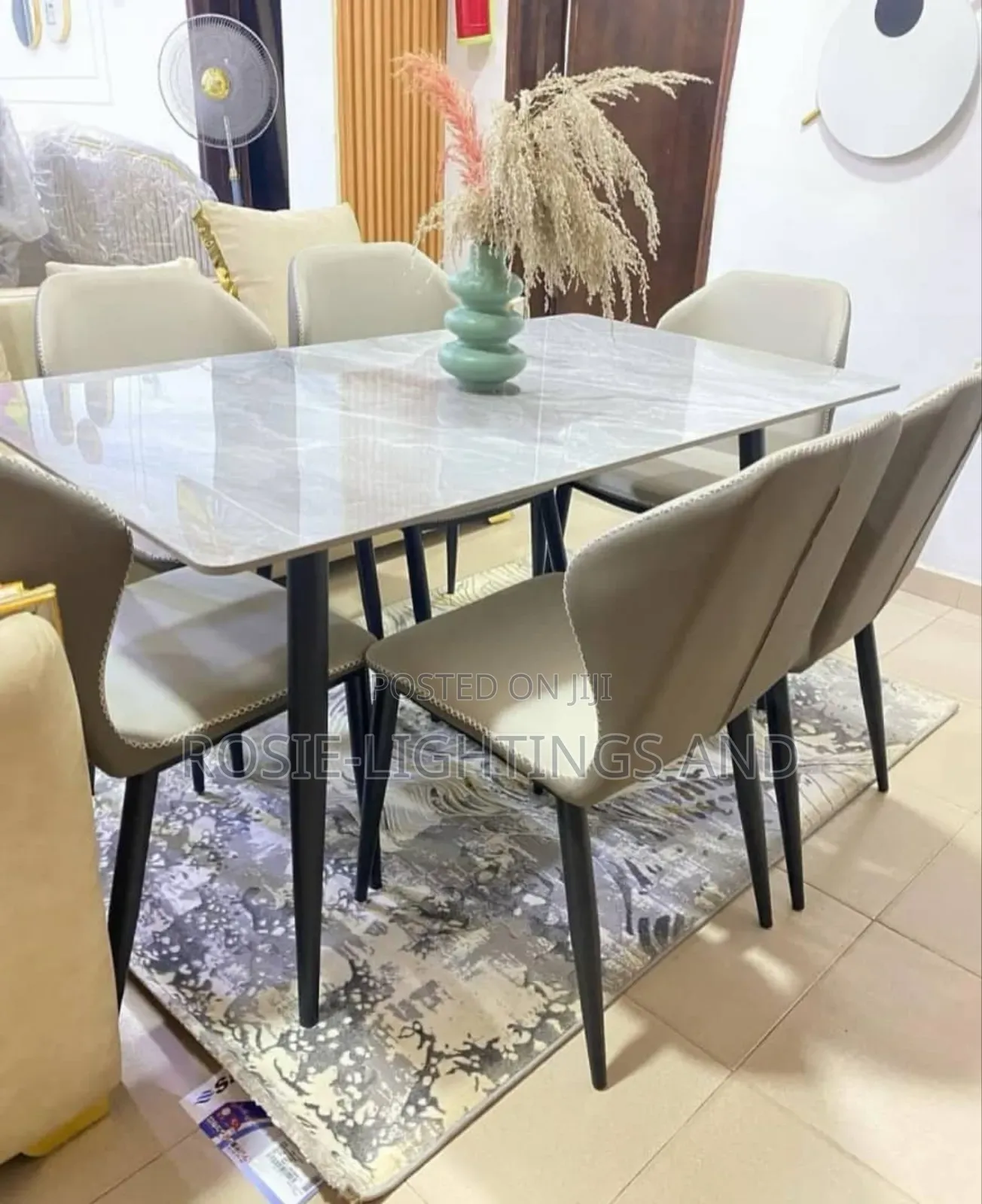 Marble Dinning Table + 6 Leather Chairs( Gray)