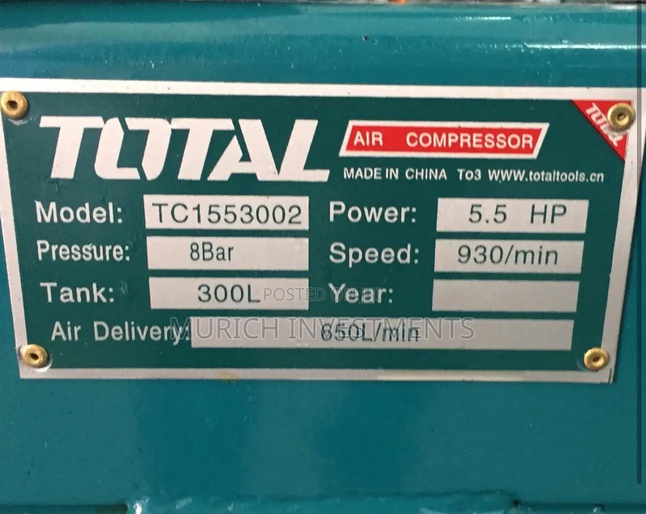 Industrial Air Compressor 300l | 5.5hp 4.Kw Belt-Driven | Copper Motor