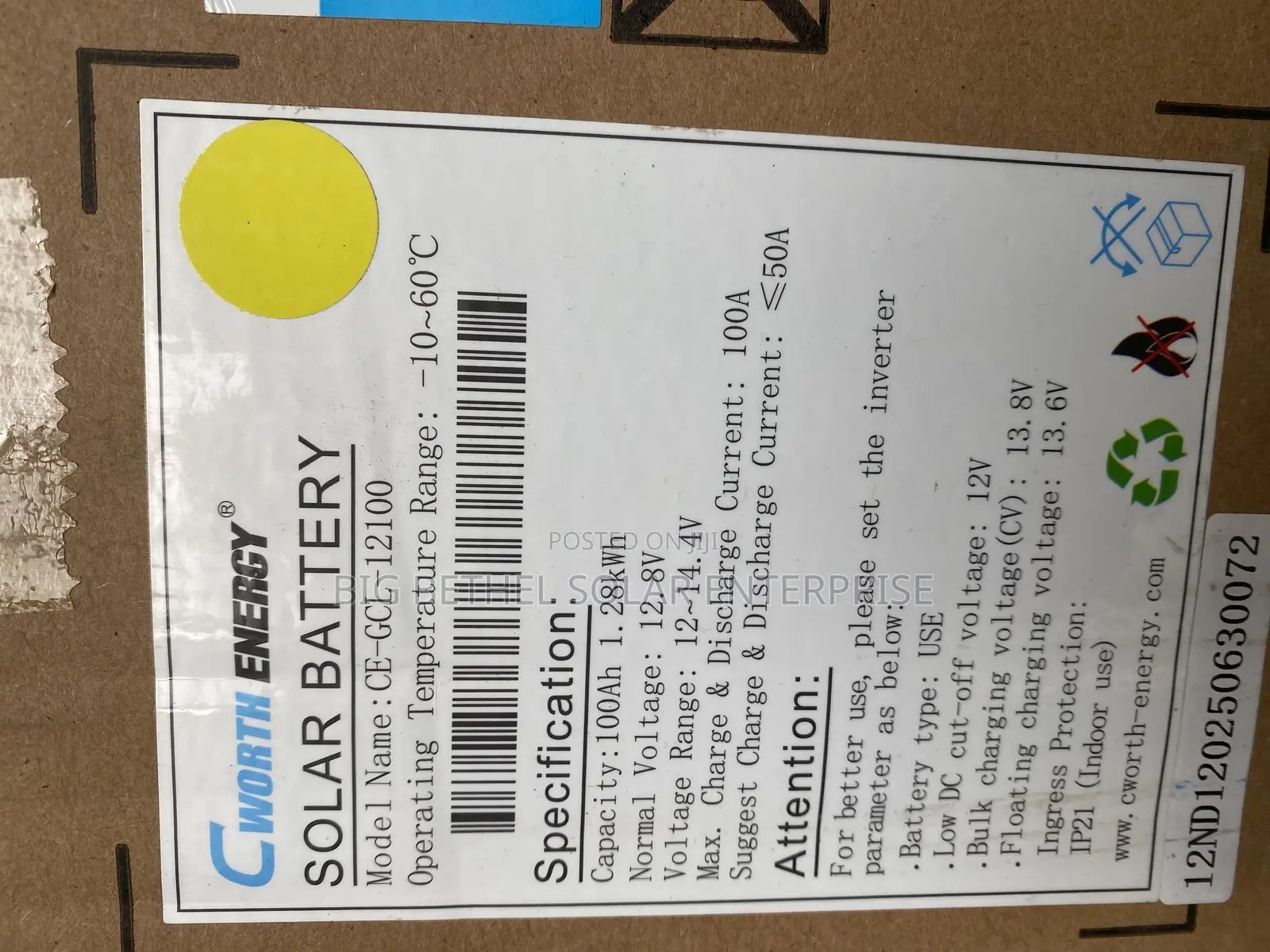 1.28kwh 12v 100ah Cworth Lithium Iorn Battery