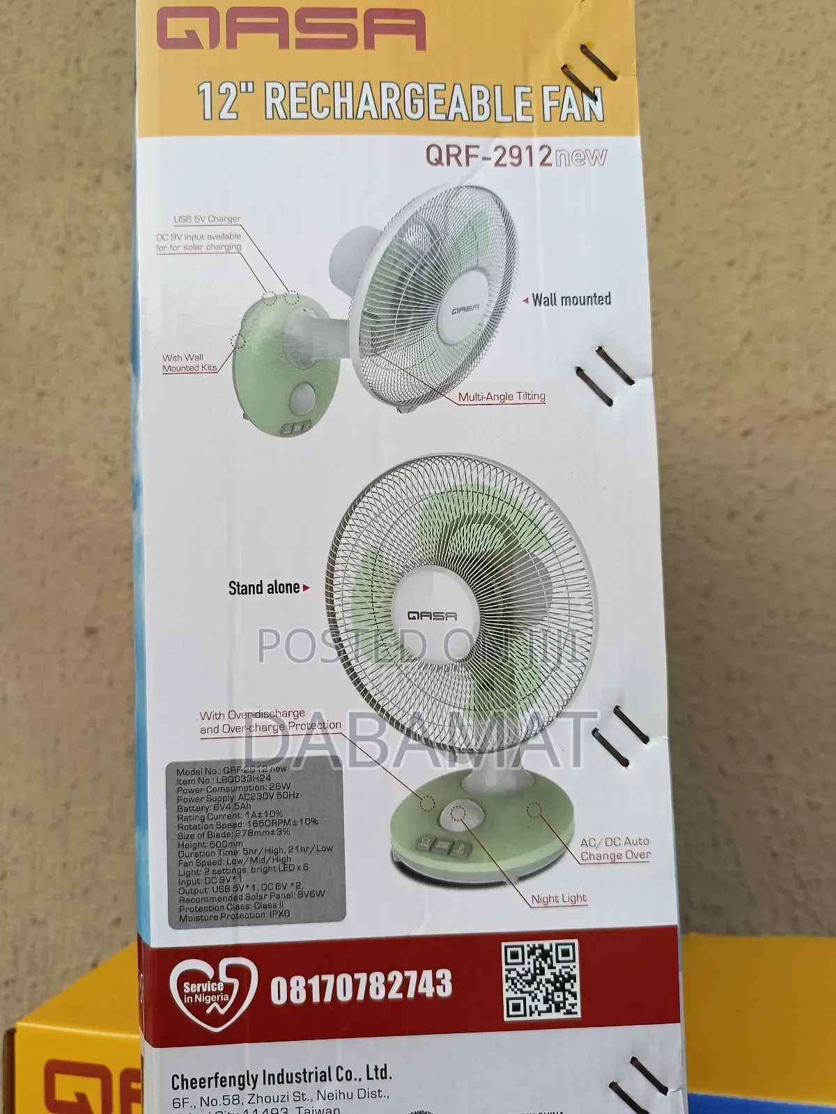 Qasa 12 Inches Table/Wall Type Rechargeable Solar Fan