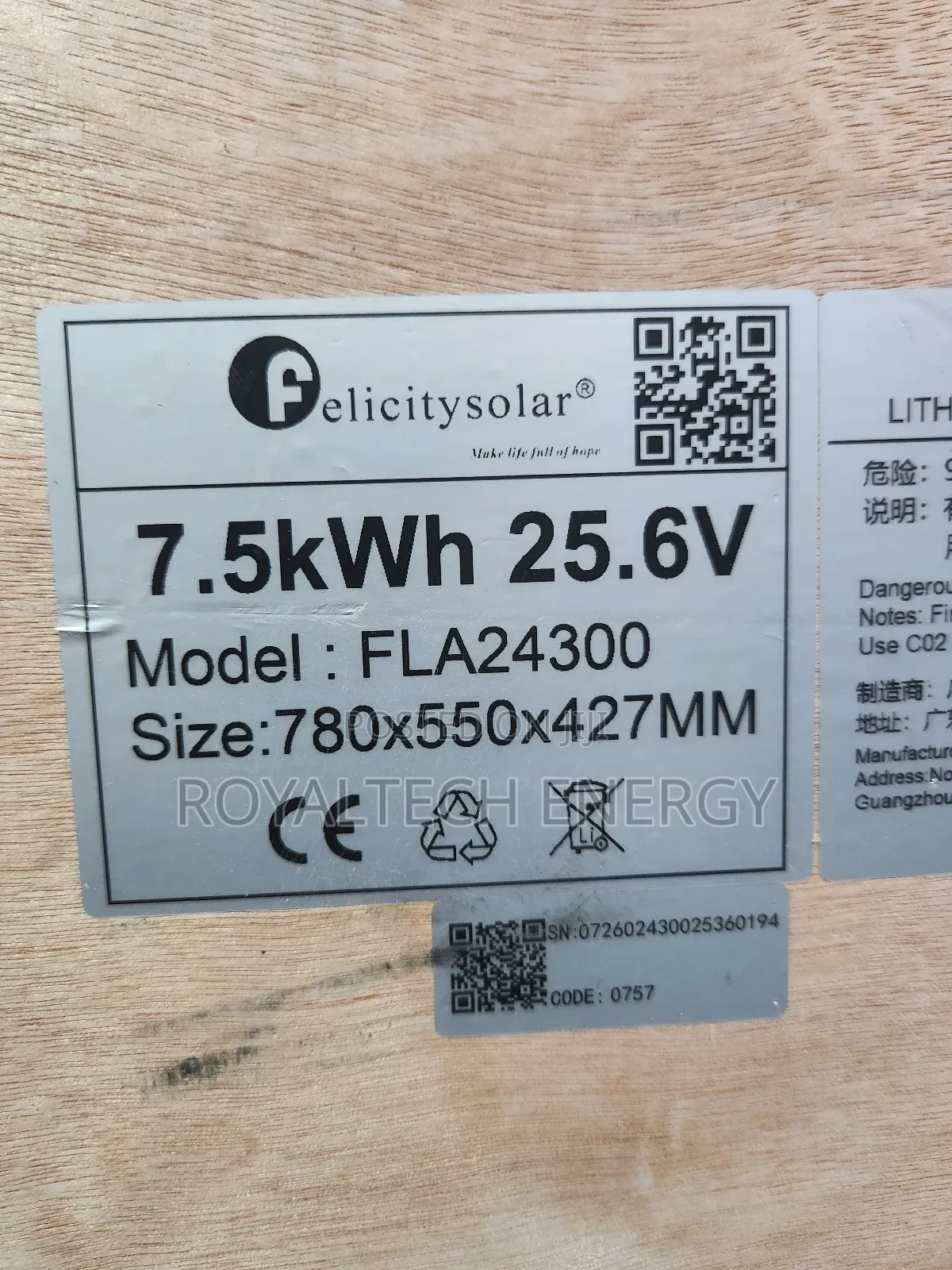 Felicity 7.5kwh 24v Lithium Batteries Flat