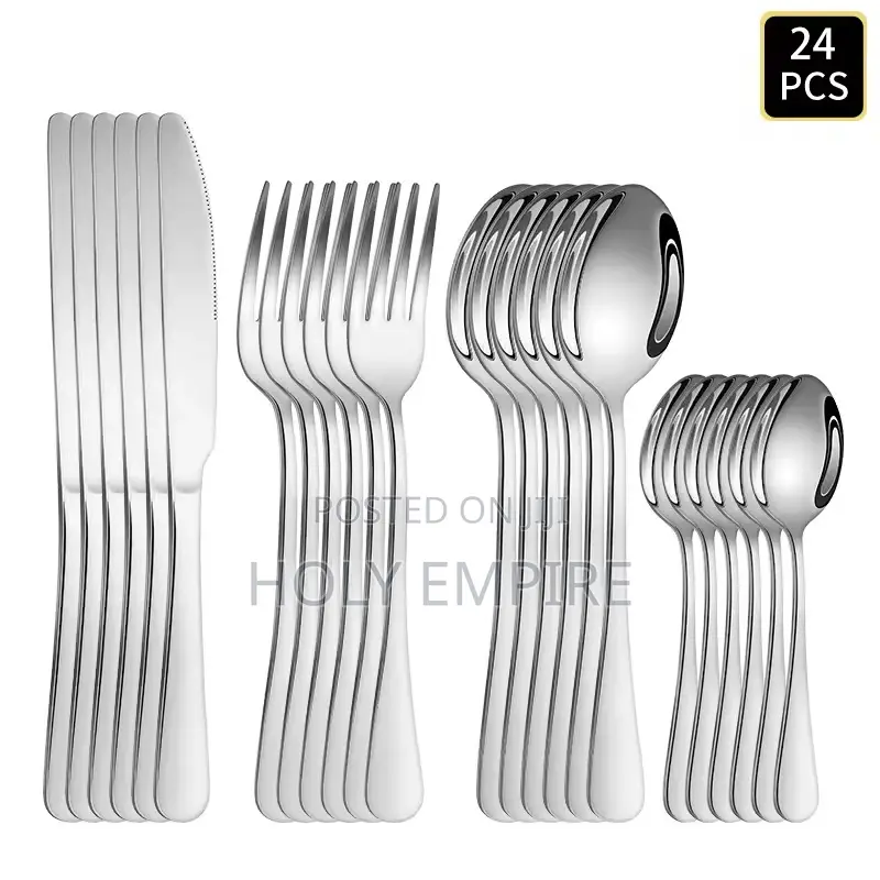24pcs Silver Stainless Steel Cutlery Round Handle Knife, Fork, Spoon