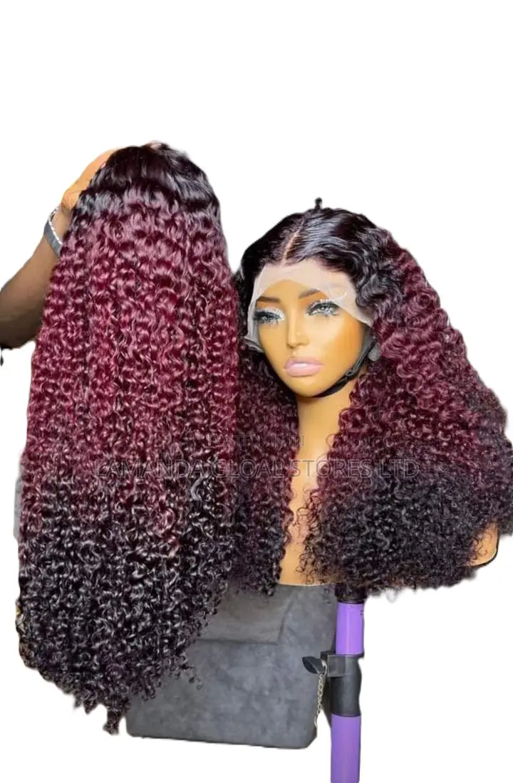 Black and Wine Curly Closure Human Hair Wig - 10 Inches