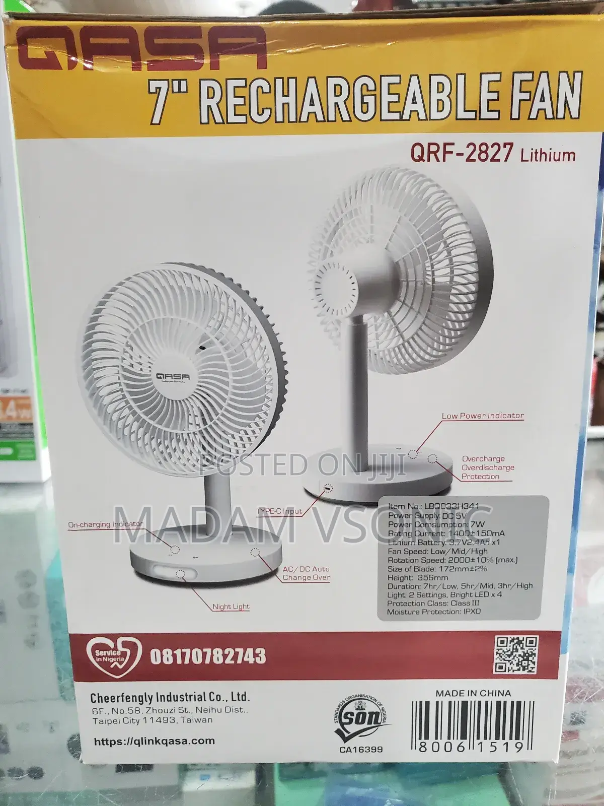 Qasa 7" Rechargeable Fan