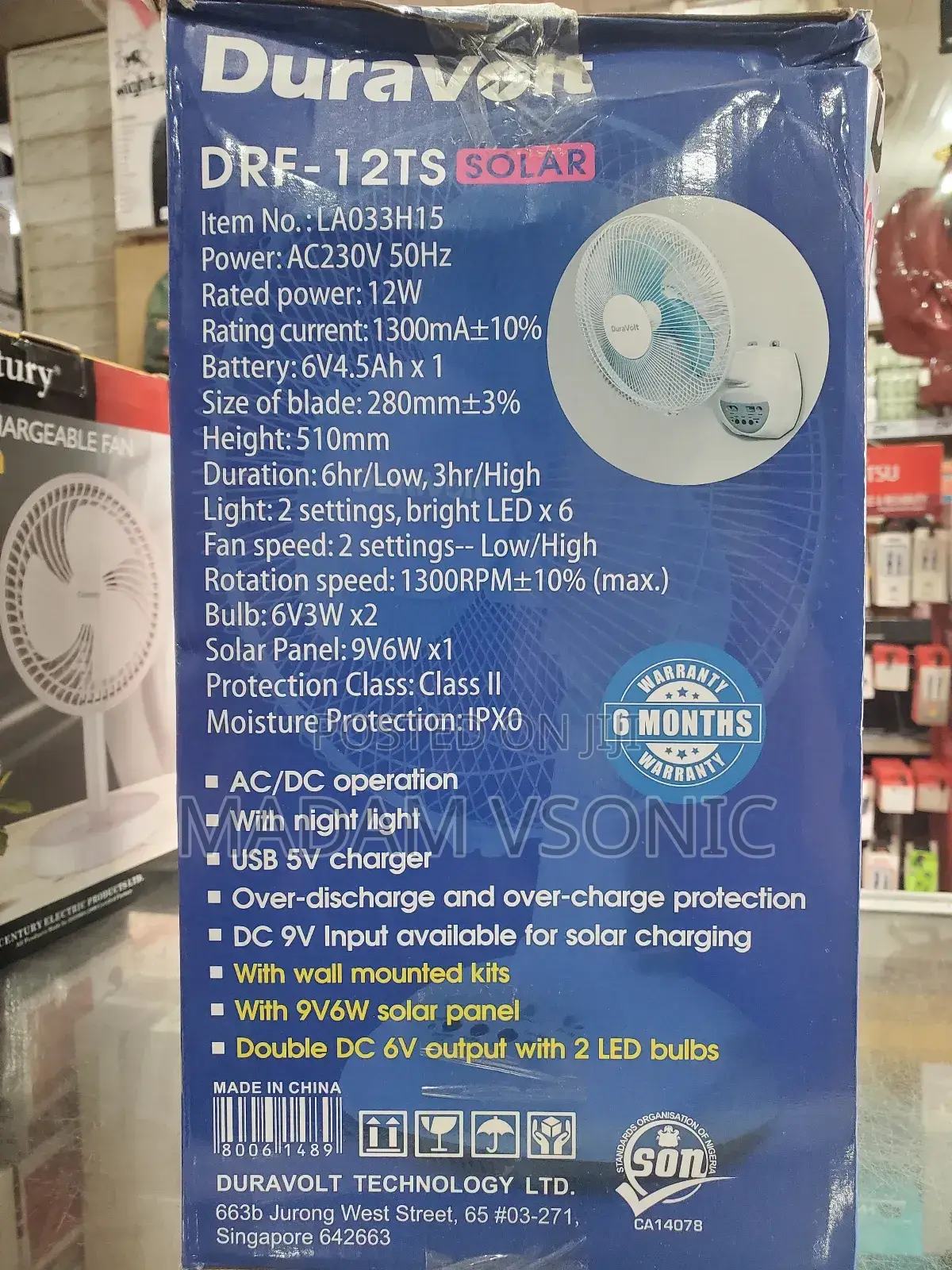 Duravolt 12inchs 3in1 Rechargeable Table/Wall Fan