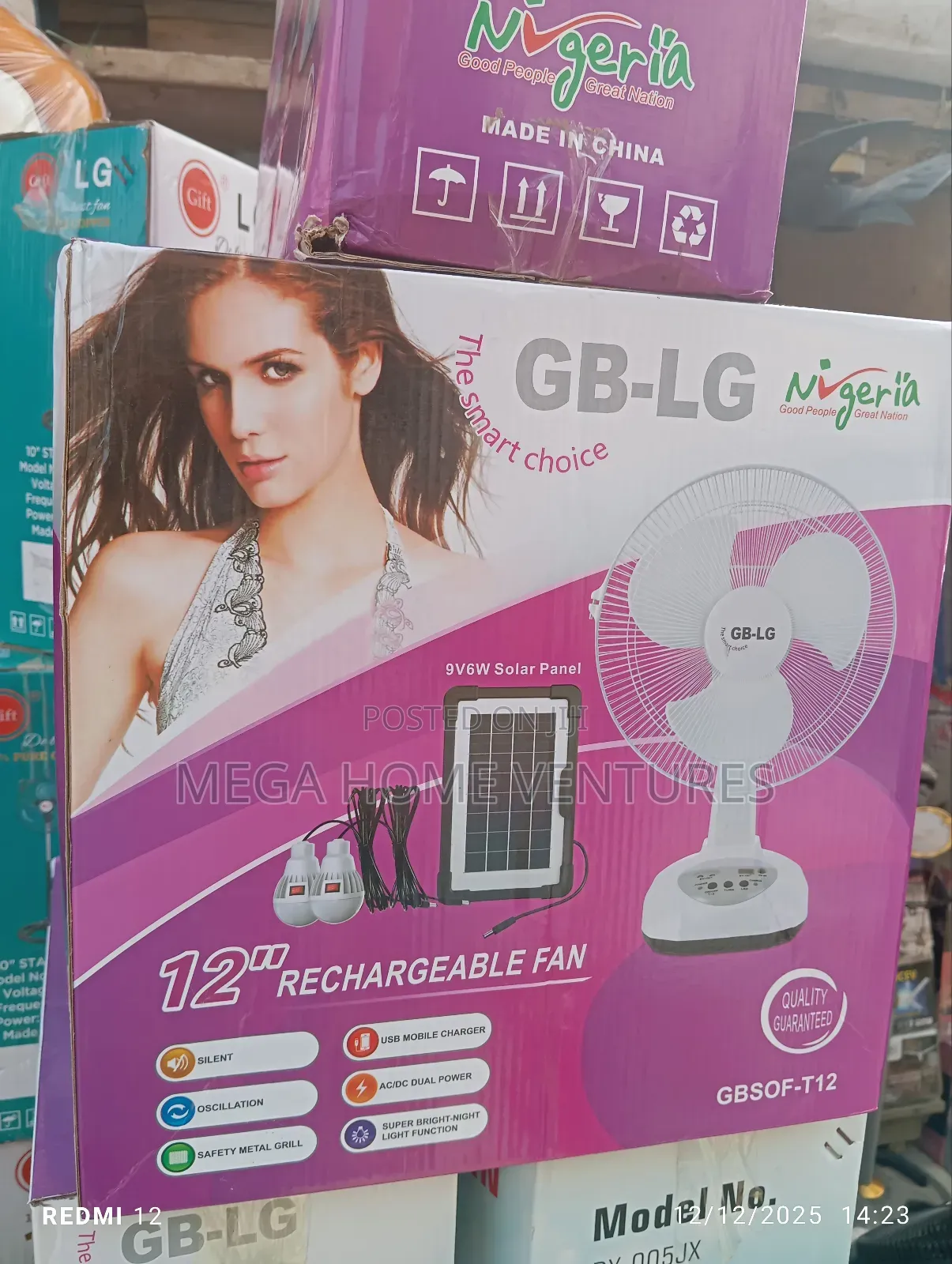 12" Rechargable L.G Solar Fan