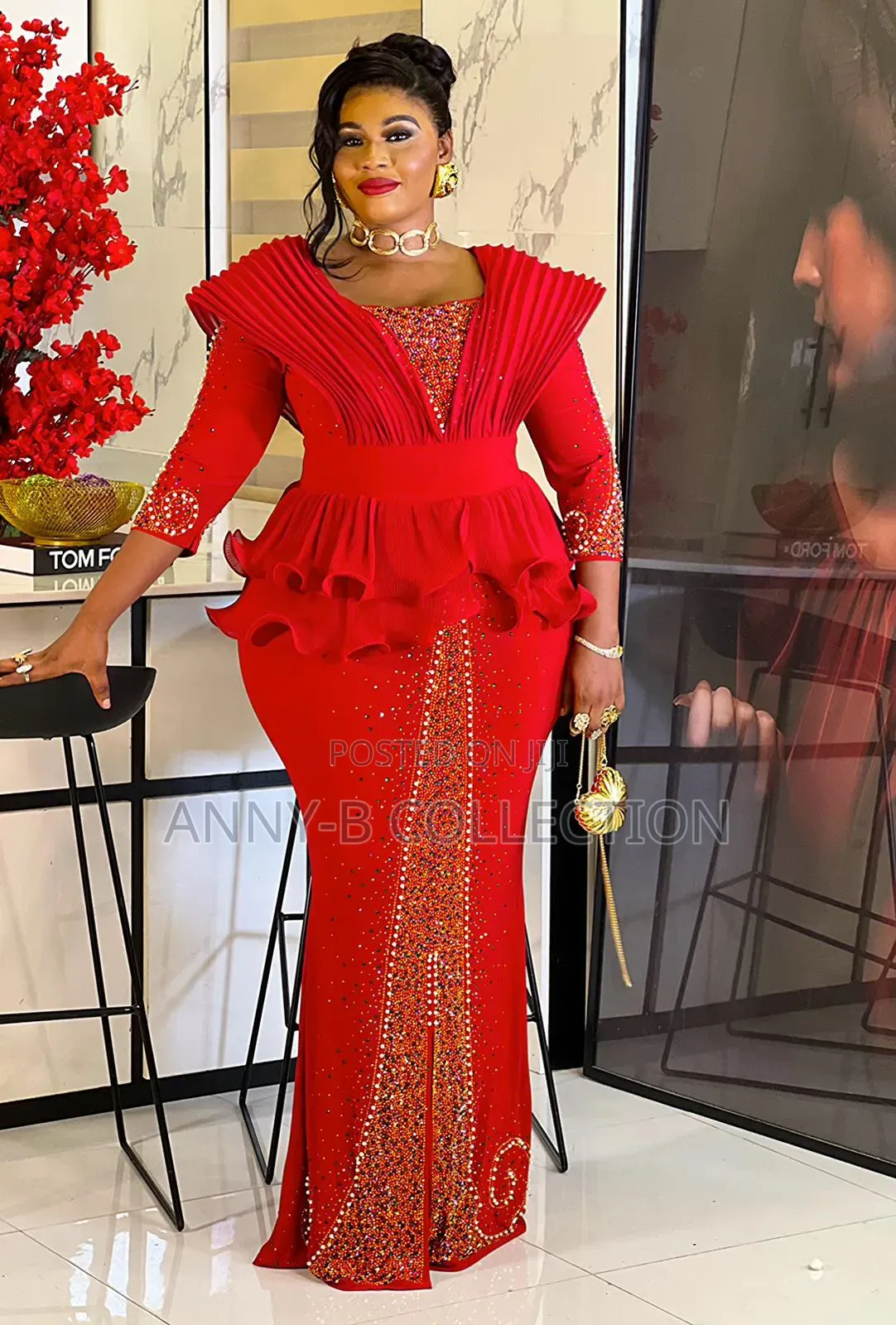 Luxury Stoned Turkish Women Red Long Gown