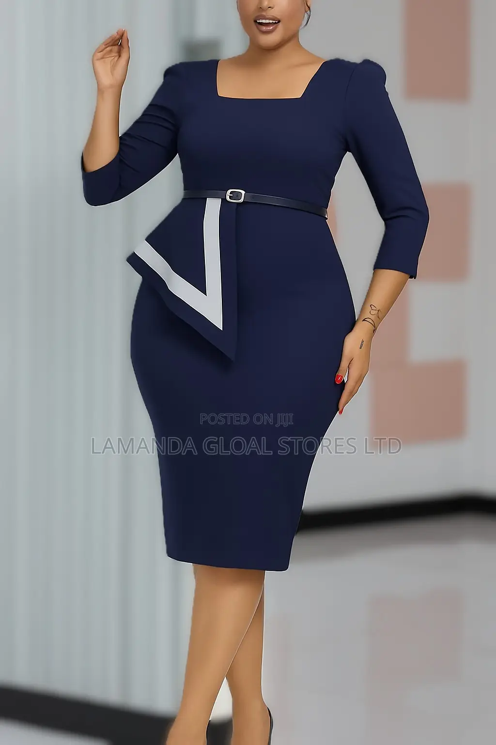 Stylish Navy Blue Corporate Gown With White Design