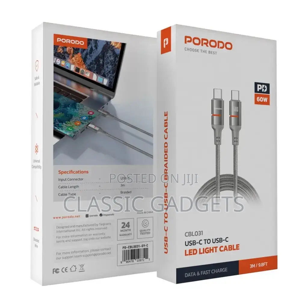 Porodo 60w Type-C to Type-C Braided Cable-3meter/ 9ft
