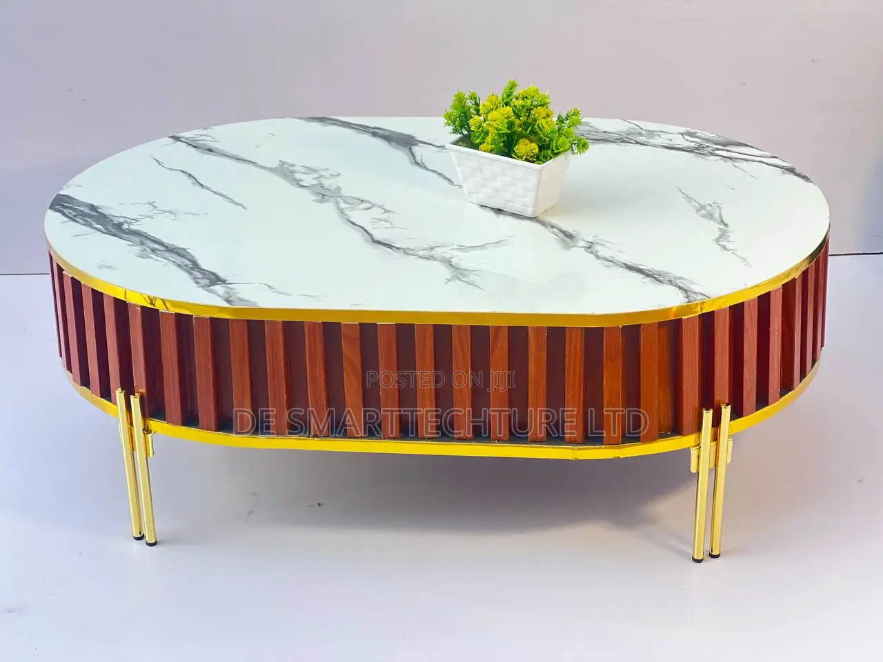 Oval Marble Board Coffee Table – Gold Trim Designer Slat Finish
