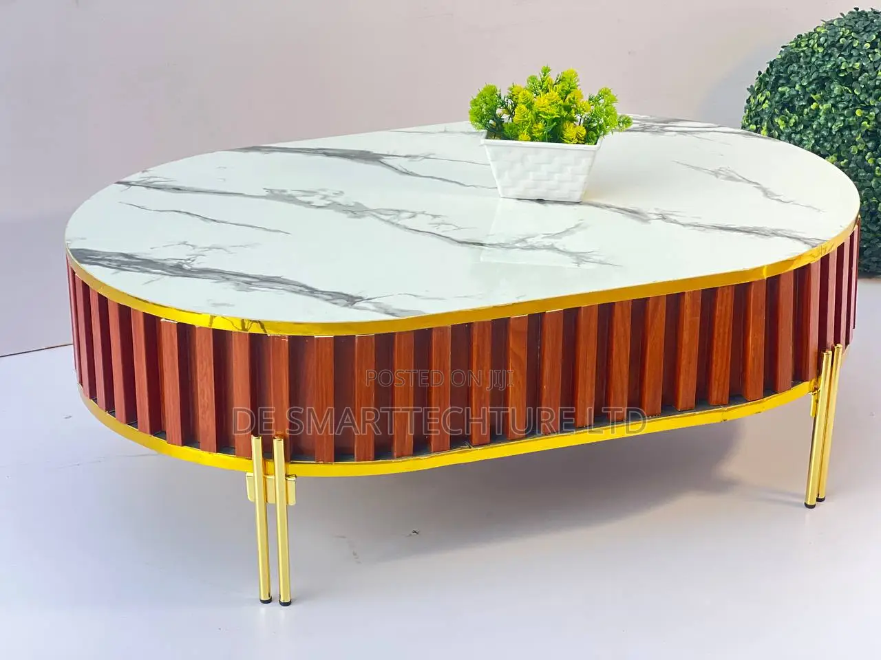 Oval Marble Board Coffee Table – Gold Trim Designer Slat Finish
