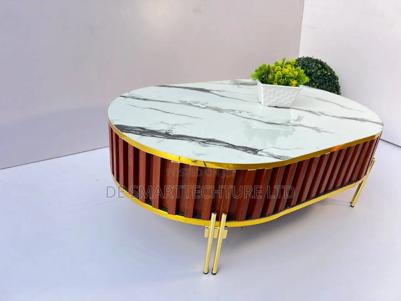 Oval Marble Board Coffee Table – Gold Trim Designer Slat Finish