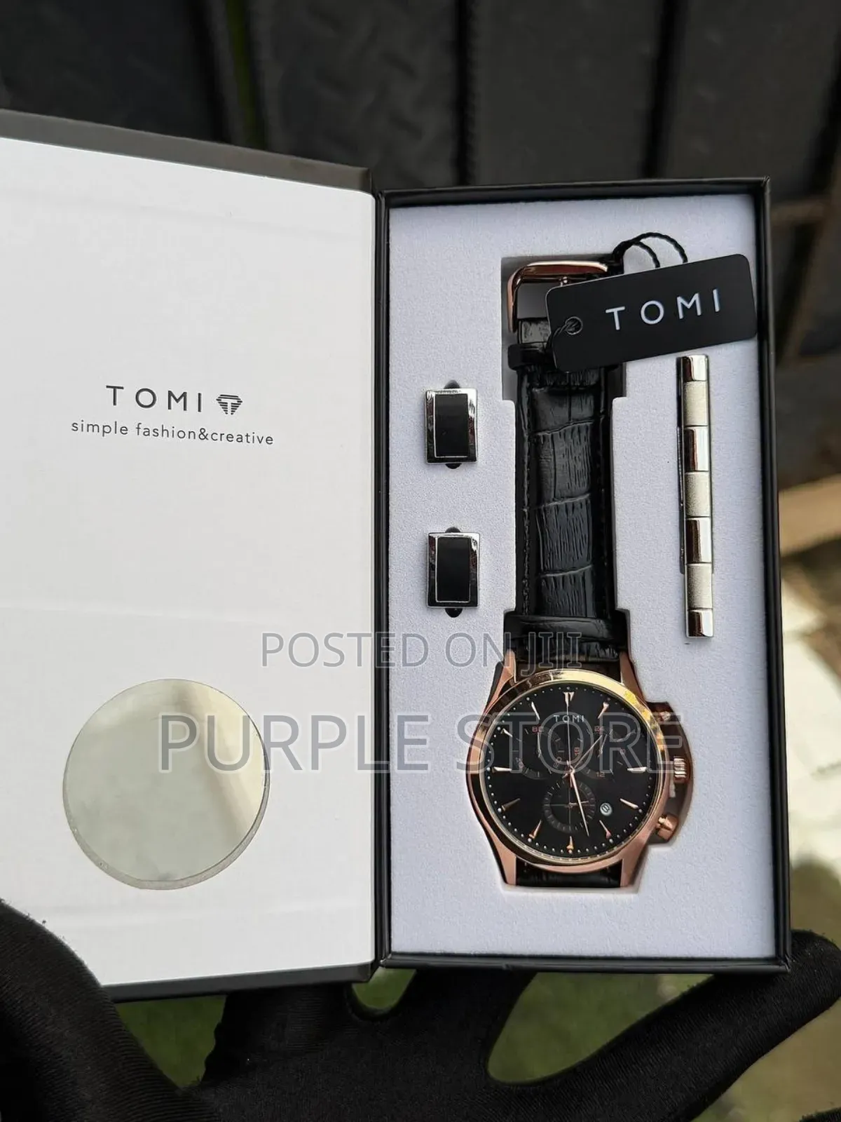 Tomi Chronograph Leather Watch, Cufflinks and Tie Clip