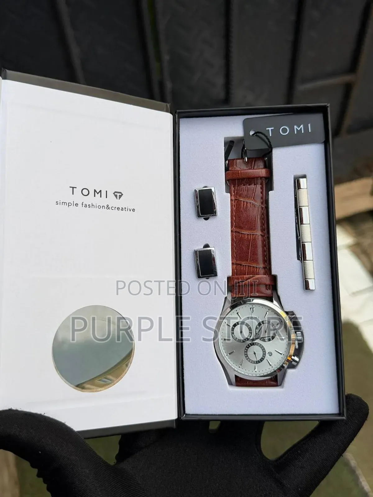 Tomi Chronograph Leather Watch, Cufflinks and Tie Clip