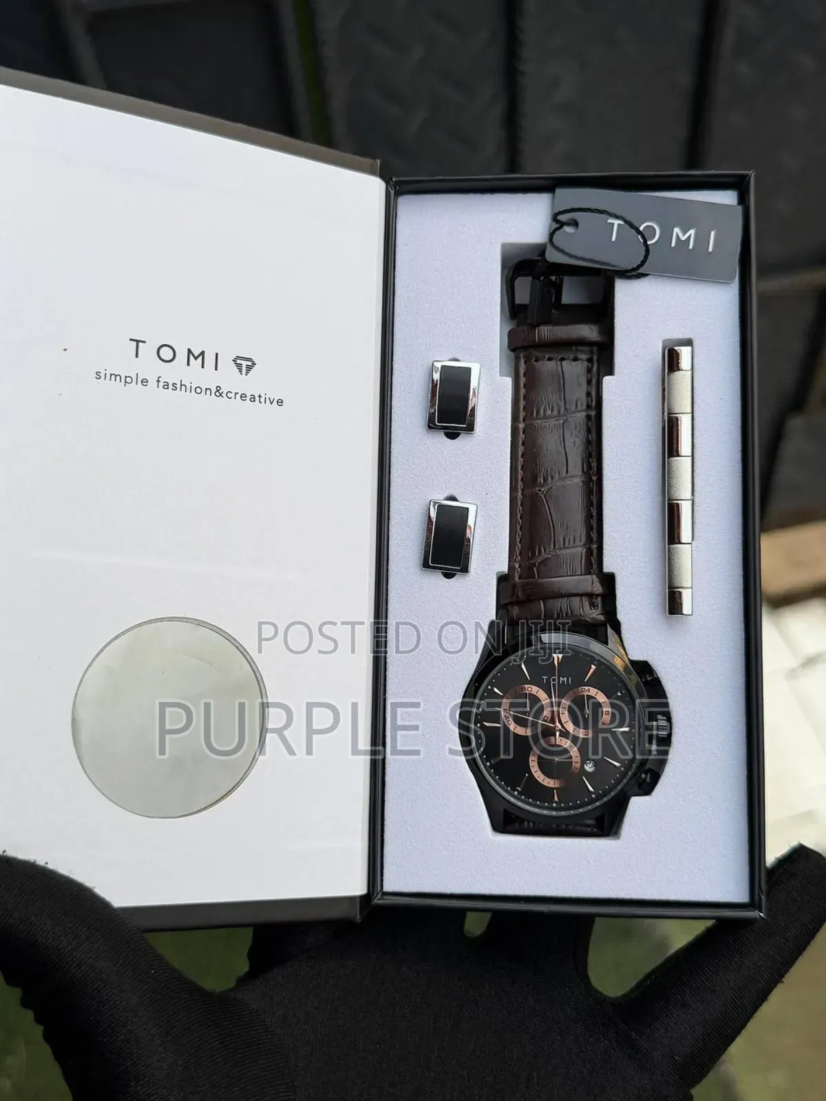Tomi Chronograph Leather Watch, Cufflinks and Tie Clip