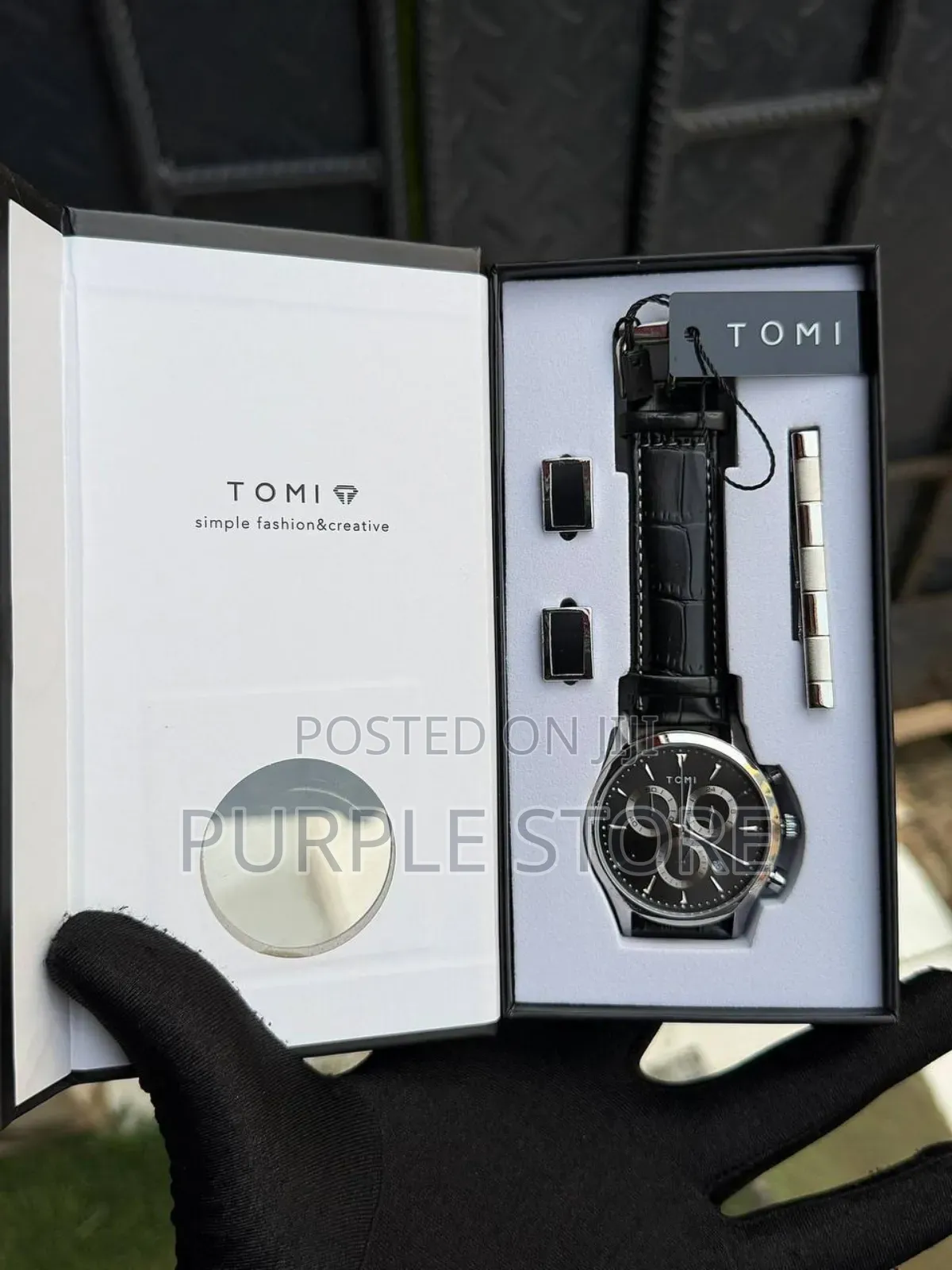 Tomi Chronograph Leather Watch, Cufflinks and Tie Clip