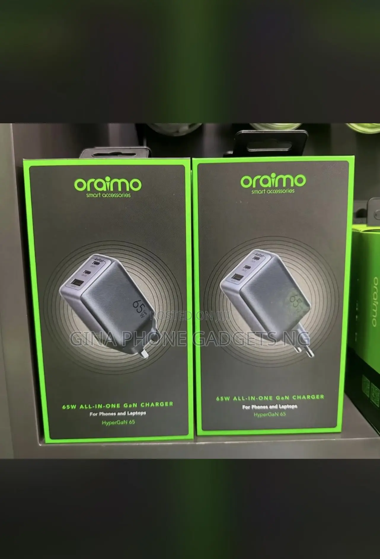 Oraimo 65w All-in-One Gan Charger for Laptop and Phone.