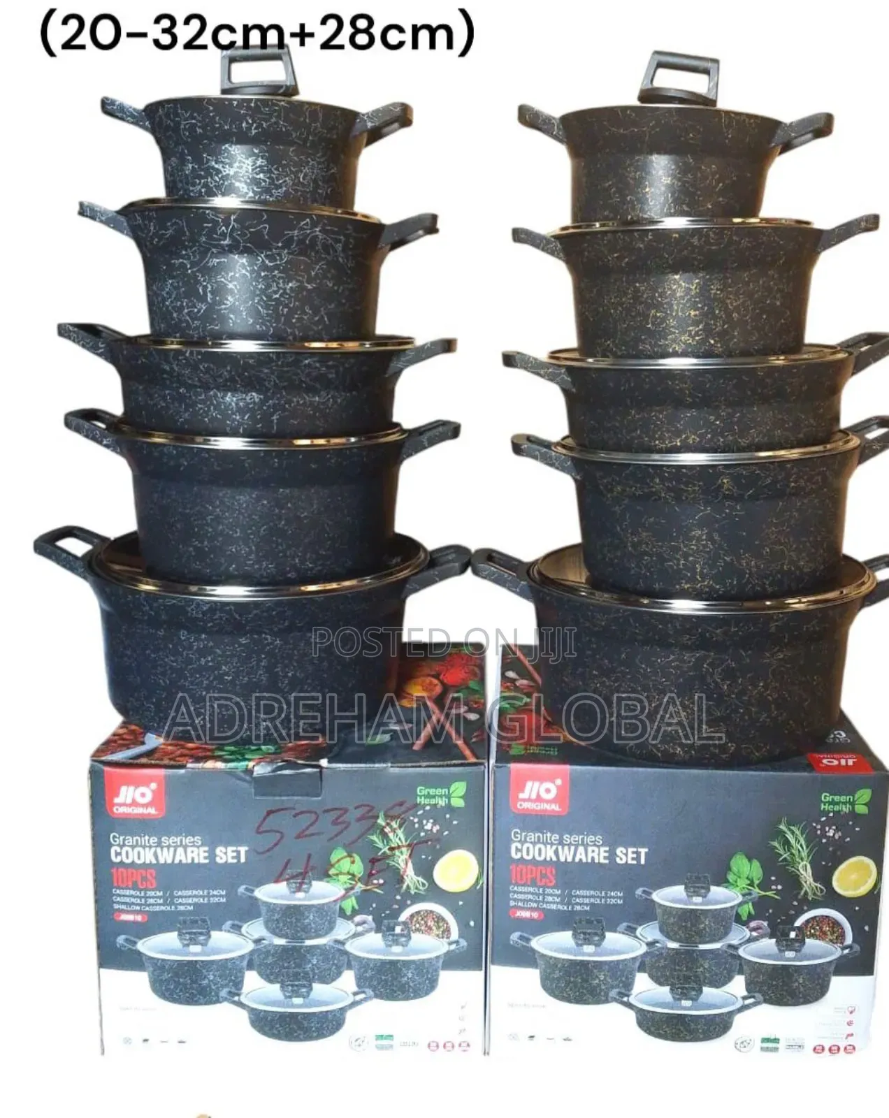 10pc Jio Original Granite Cookware Pot•20cm,24cm,28cm,32cm Frypan 28cm