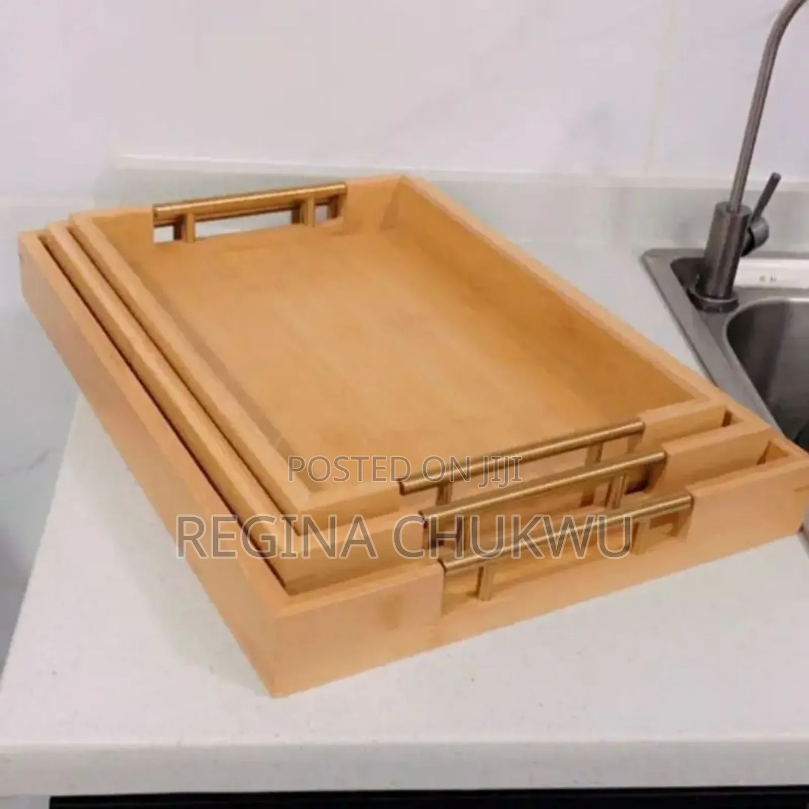 3in1 Quality Wooden Serving Tray/With Metal Gold Handles
