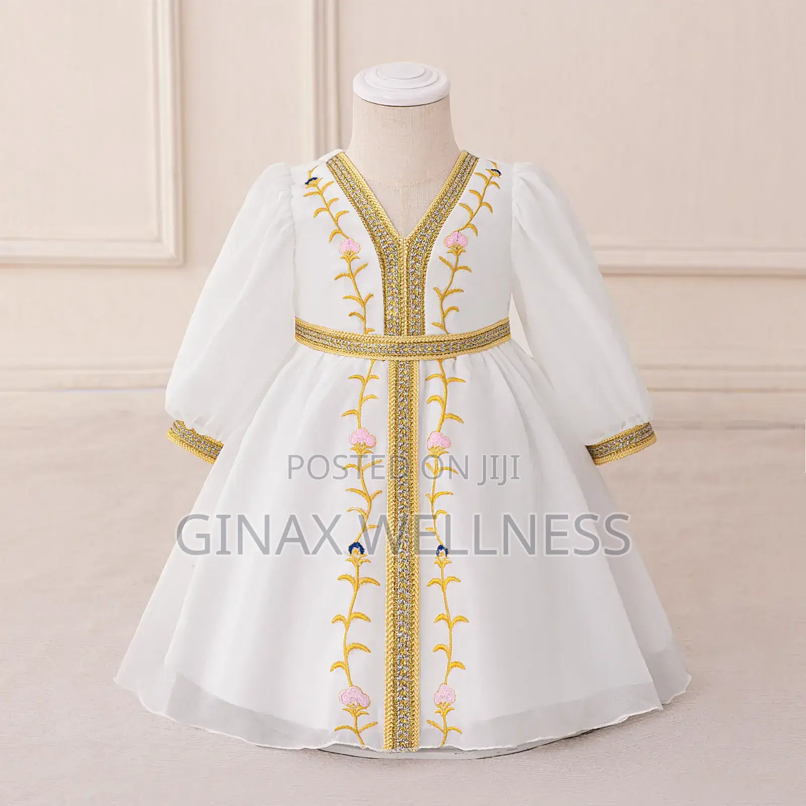 White Chiffon Baby Girl Dress With Gold Embroidery